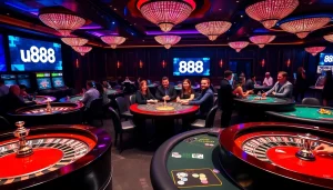 Experience the thrill of u 888 at a luxurious casino with vibrant tables and excited players.
