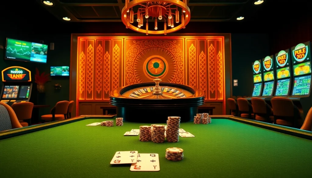 Nohu90 casino games experience with vibrant tables, cards, and roulette for immersive gambling.