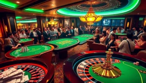 Cảnh chơi casino cg79 đầy hứng khởi với bàn chơi sống động, chip và người chơi đang tham gia
