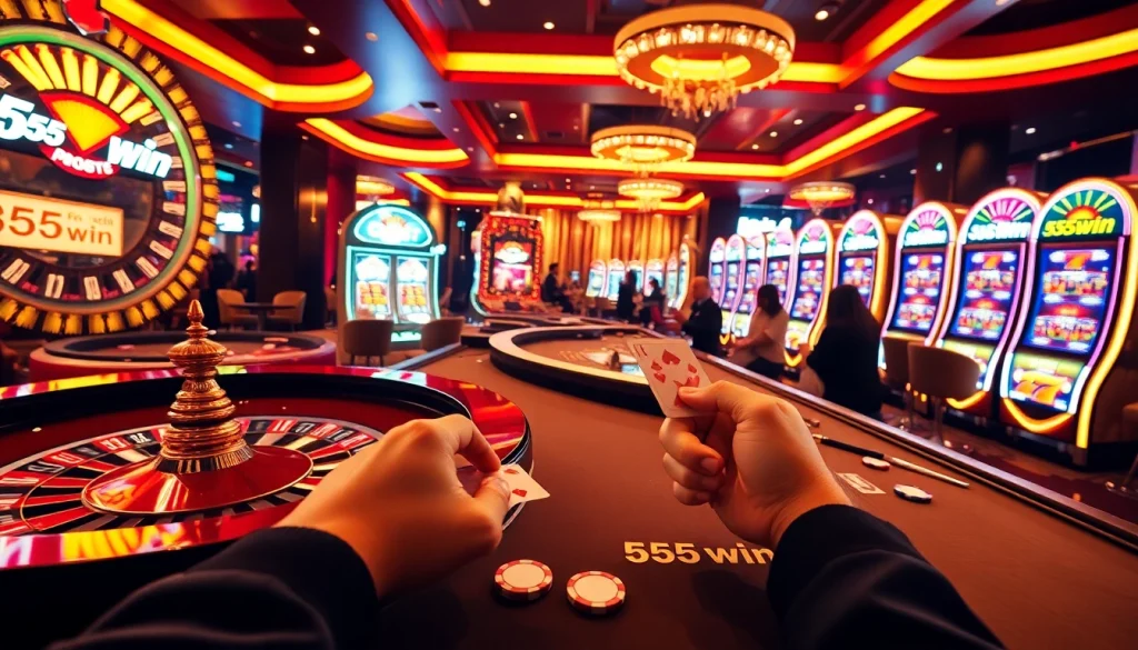 Players enjoying a thrilling game at a vibrant casino scene emphasizing 555win excitement.