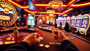 Players enjoying a thrilling game at a vibrant casino scene emphasizing 555win excitement.