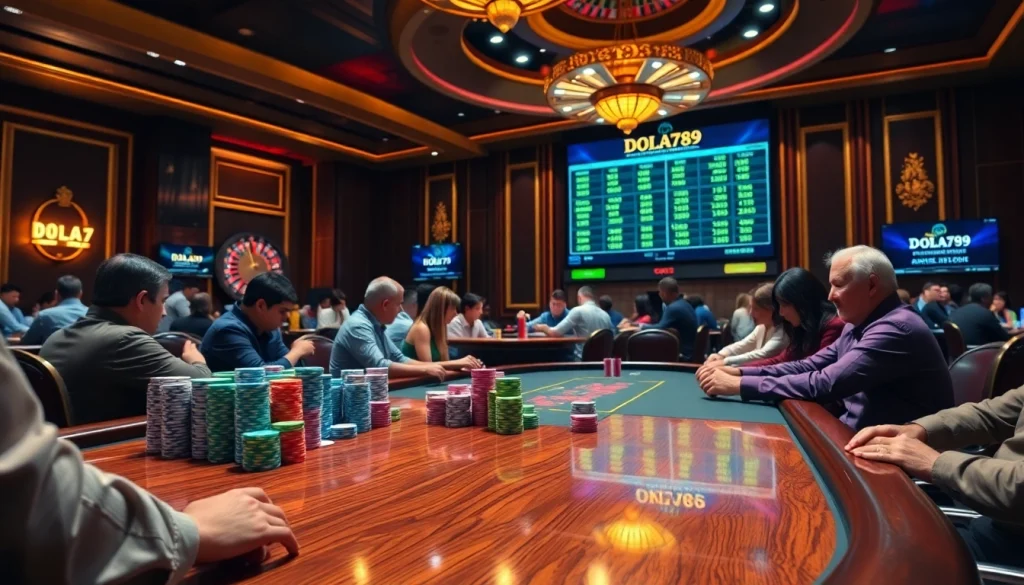 DOLA789 players engage in an exciting poker game with vibrant chips and cards.