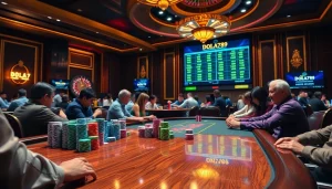 DOLA789 players engage in an exciting poker game with vibrant chips and cards.