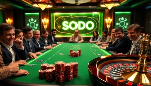 SODO poker players strategizing over a high-stakes table amidst an exciting casino atmosphere.