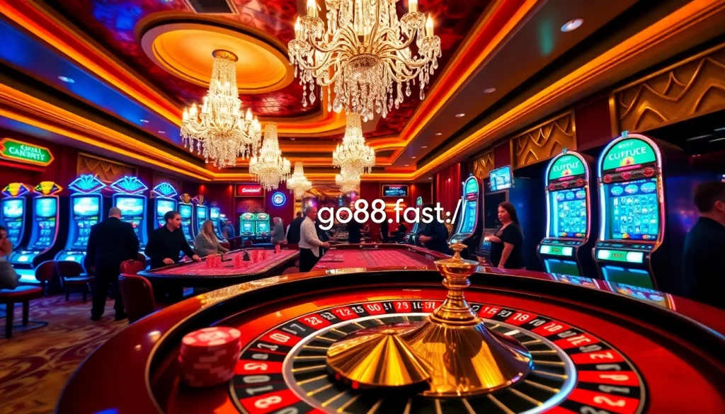 Spin the roulette wheel at https://go88.fast/ with vibrant casino visuals and excited players.