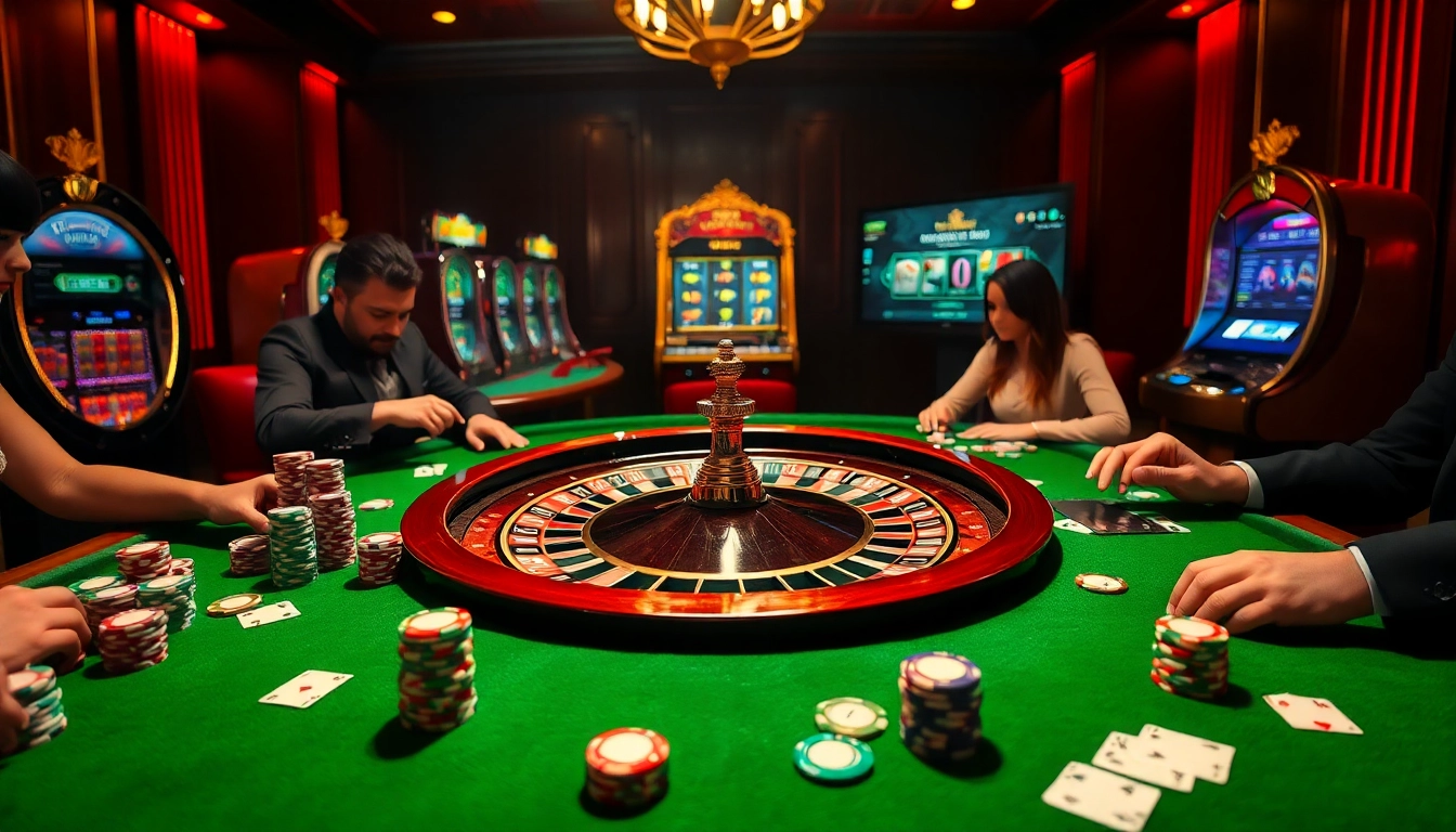 Joueurs enthousiastes à une table de roulette dans un casino en ligne France fiable, présentant une atmosphère de jeu vibrante.