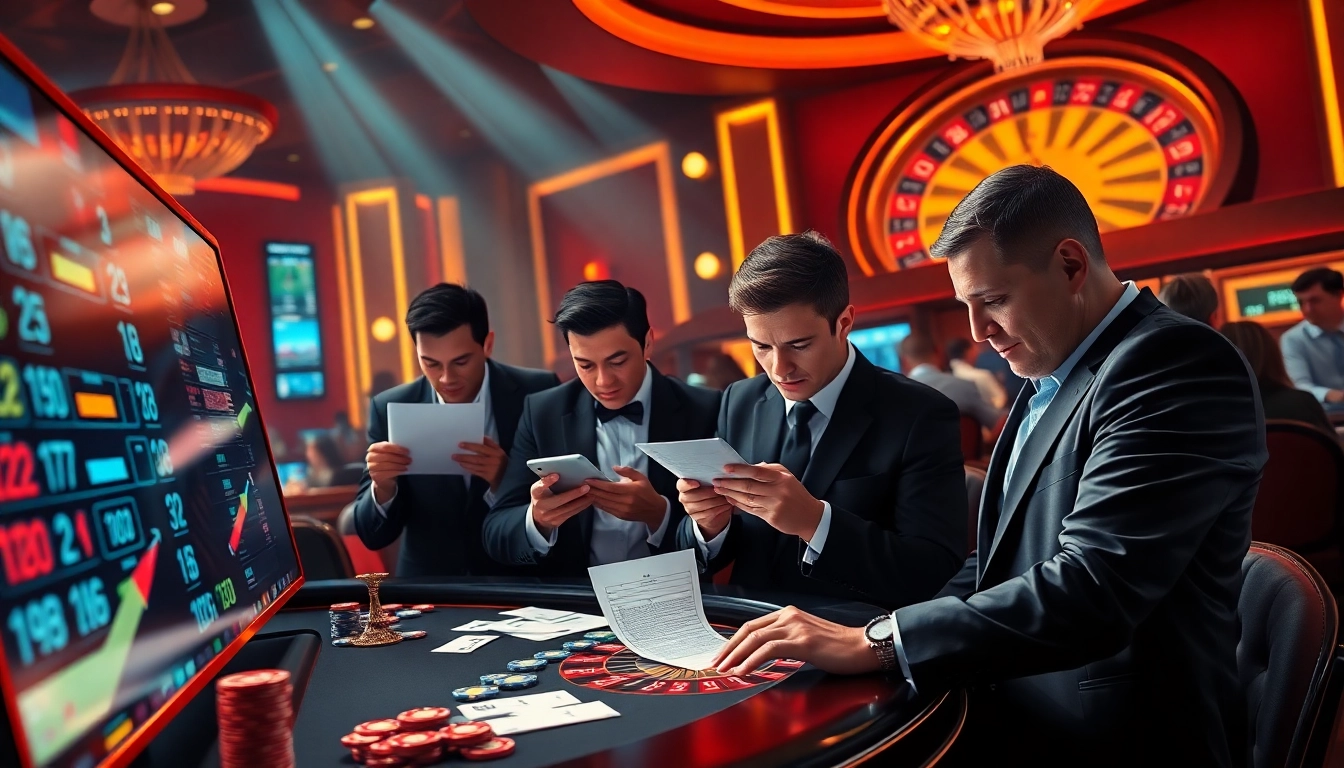 Players engaging in Mix Parlay betting at a luxurious casino, analyzing odds on their devices.