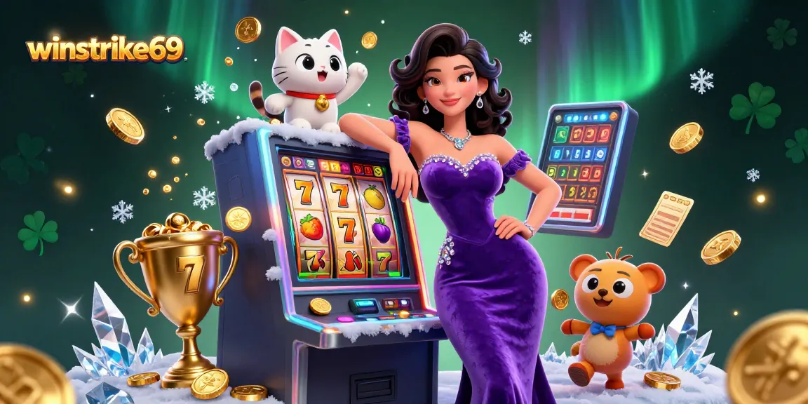 Winstrike69 showcases a stunning woman celebrating a jackpot win at a vibrant online casino scene.