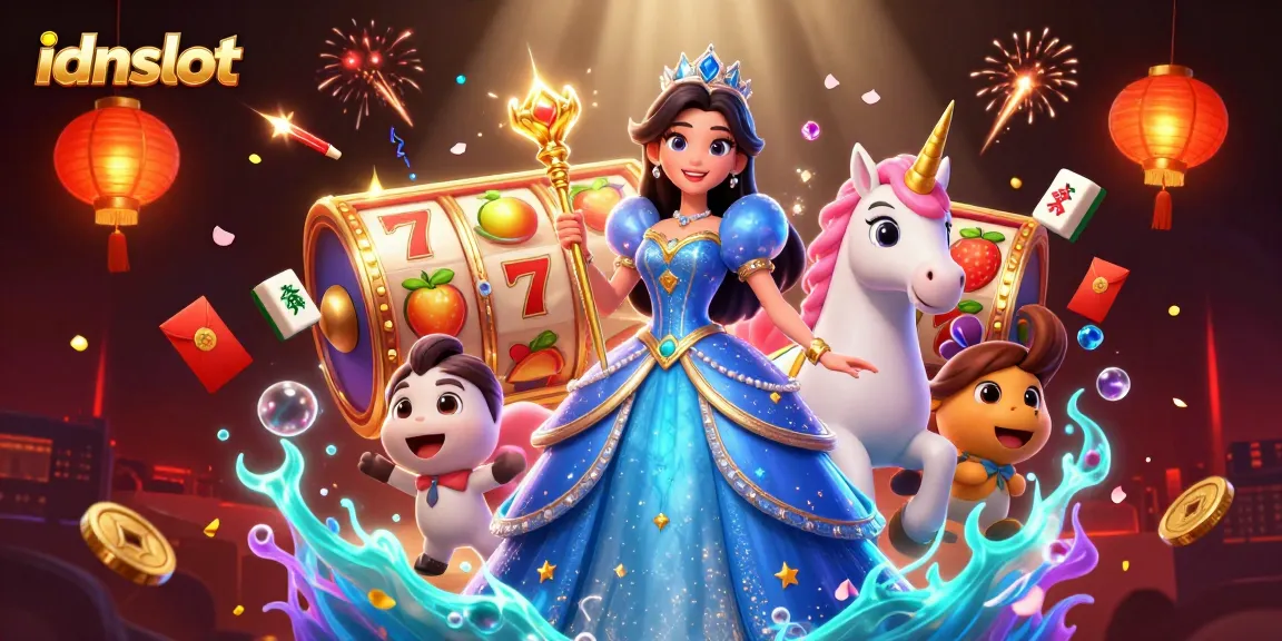 Play idnslot with a dazzling scene featuring vibrant slot reels, gems, and magic.