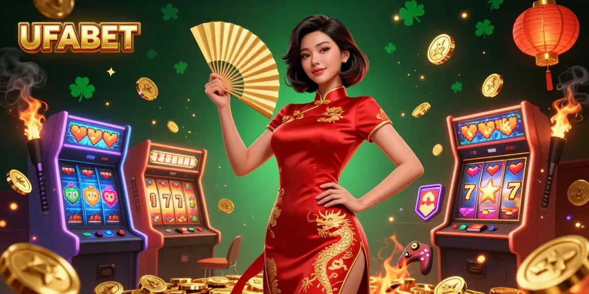 Experience the excitement of UFABET with vibrant slot reels and stunning visuals featuring a confident Asian woman.