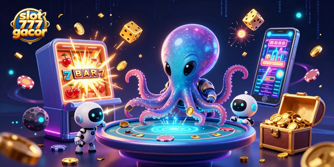 Experience the excitement of slot 777 gacor with an alien octopus at a futuristic poker table.