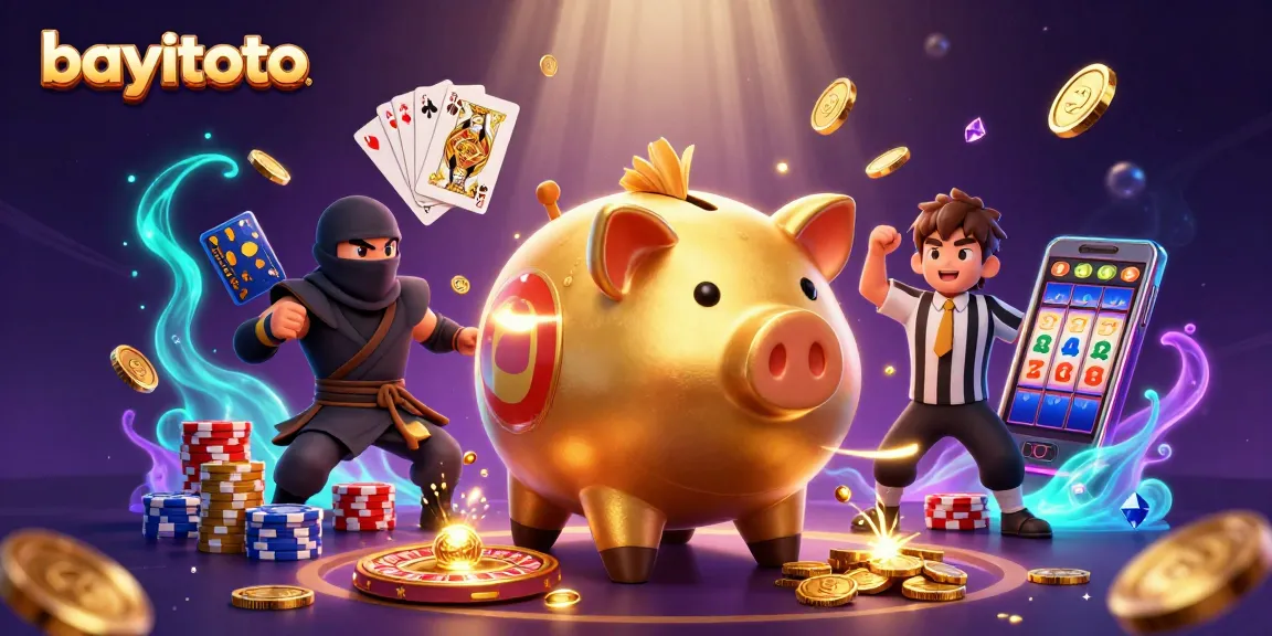 bayitoto features a golden piggy bank sumo wrestler surrounded by dynamic casino elements and winning symbols.