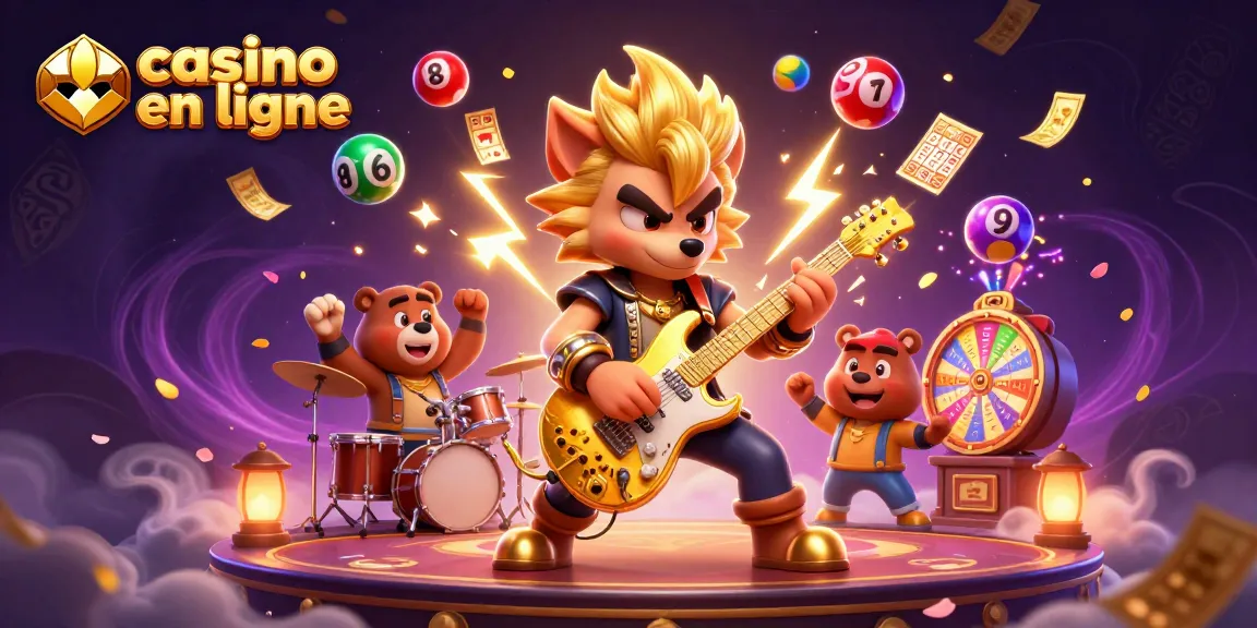 Le casino en ligne offre une scène dynamique avec un loup rock star jouant de la guitare, des éléments de jeux de casino en arrière-plan.