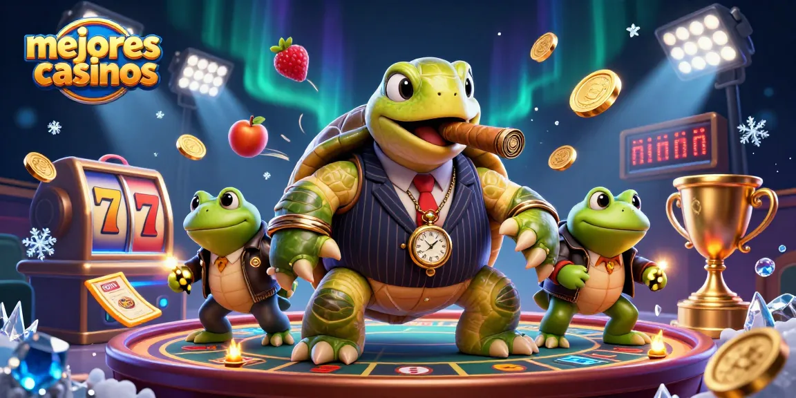 Disfruta de los mejores casinos al ver a una tortuga y ranas en una escena de casino vibrante.