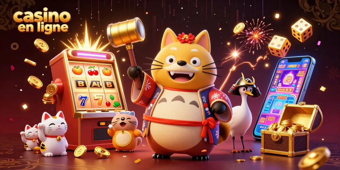 Jouer au casino en ligne avec des jackpots et des machines à sous dans une ambiance festive avec un tanuki et des maneki-neko.