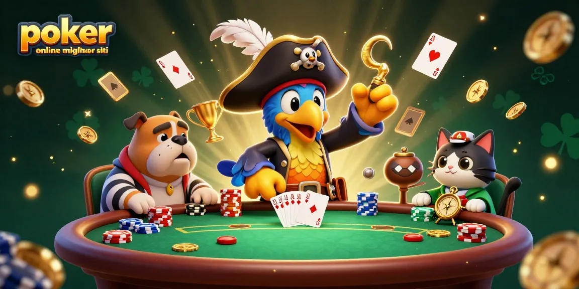 Gioca ai migliori siti di poker online con colori vibranti e personaggi unici in un'illustrazione 3D.