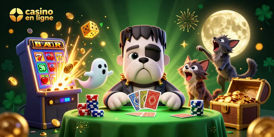 Jouez à des jeux captivants de casino en ligne avec ce bulldog Frankenstein, un chat-loup et une ambiance de jackpot.
