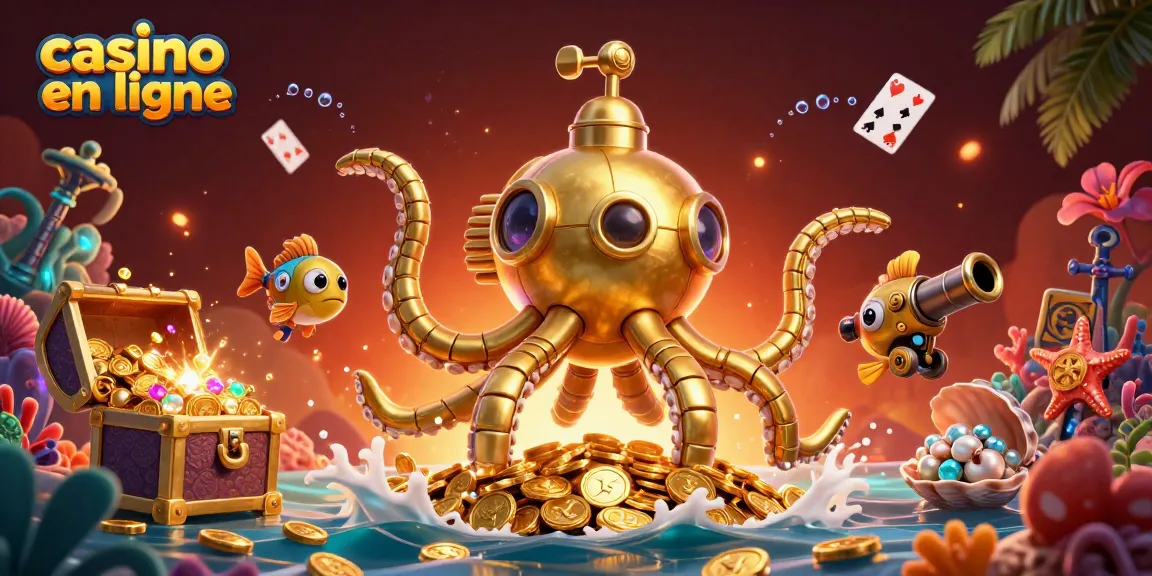 Un kraken doré et des poissons mécaniques explorant un océan de pièces d'or, promotionnant casino en ligne.