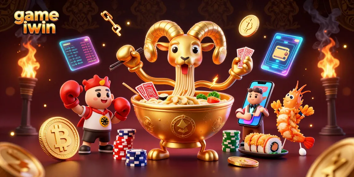 Engage in the thrilling game iwin featuring a giant ramen bowl dealing cards surrounded by crypto elements.