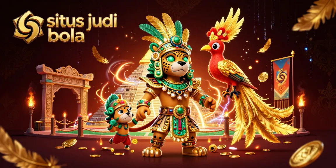 Experience thrilling situs judi bola action with animated jaguar priest and rich sports elements in a dynamic illustration.