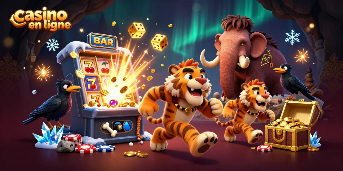 Casino en ligne avec personnages amusants et jackpot éclatant, ambiance ludique.