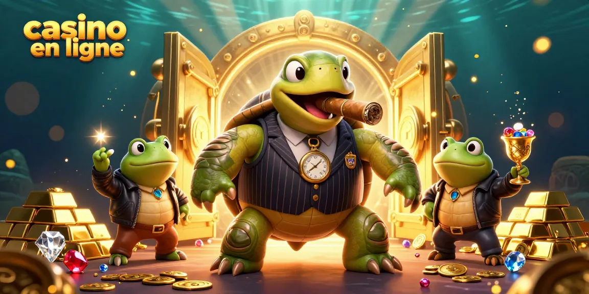 Découvrez un casino en ligne vibrant avec une tortue massive et des grenouilles taureau, entourés de trésors scintillants.