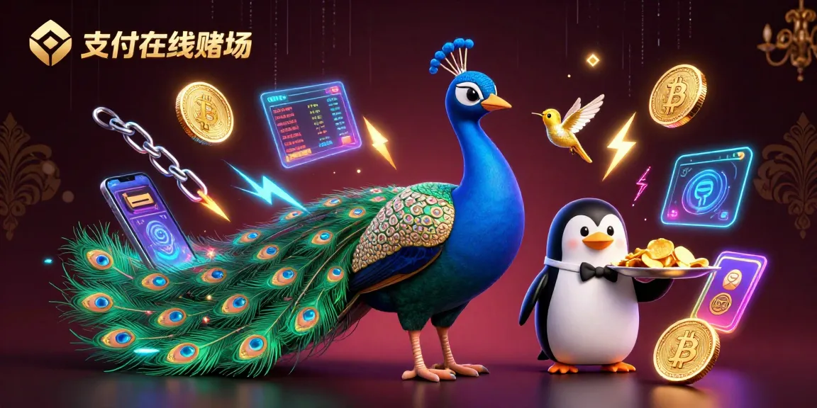 在支付在线赌场中，体验3D卡通孔雀与侍从企鹅和小蜜蜂的精彩场景，周围充满加密币闪耀元素。