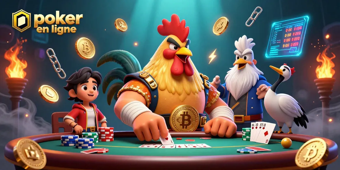 Jouez au poker en ligne avec des personnages 3D animés autour d'une table de poker.