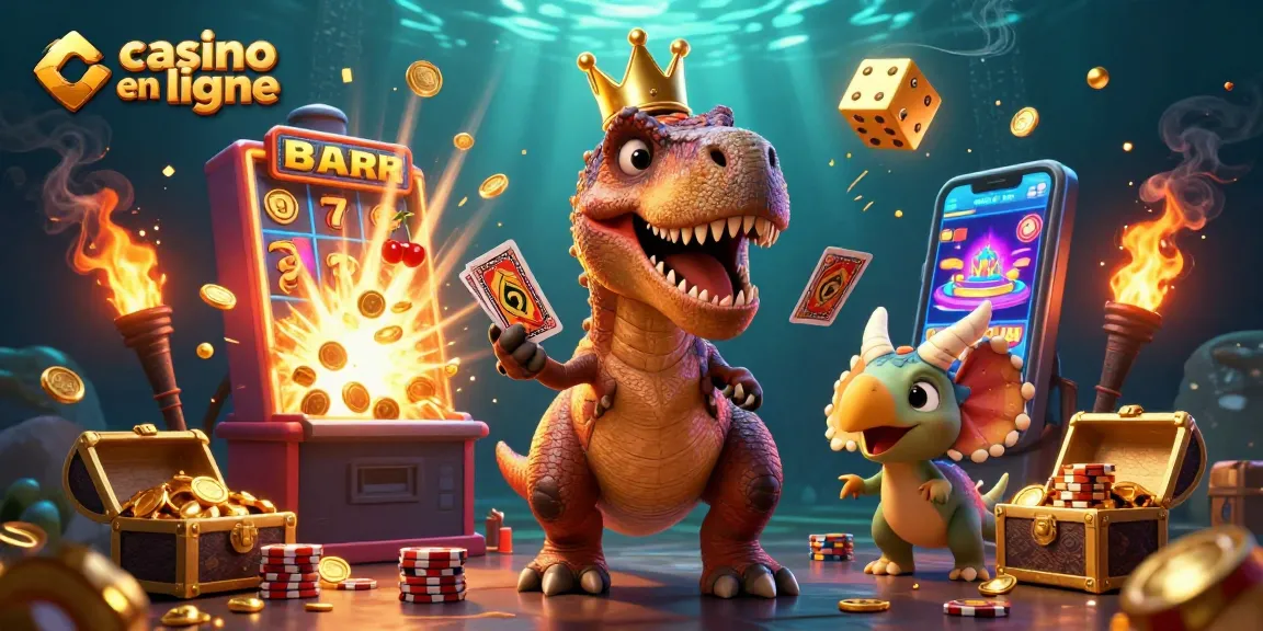 Profitez des jeux de casino en ligne avec un T-Rex amical, des jetons d'or et des symboles de jackpot.