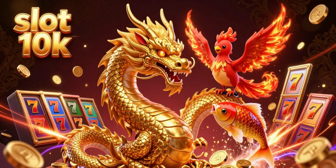Spin to win with slot 10k's golden dragon and phoenix amidst cascading coins.
