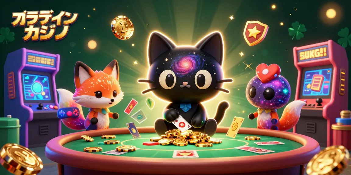 オンラインカジノのテーマで飽きさせないカジノシーン、宇宙の猫とファンタジーの仲間が描かれています。