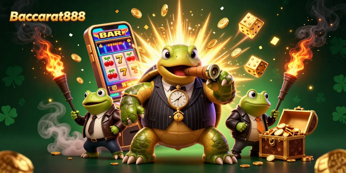 Baccarat888 features a massive snapping turtle in a mobster suit celebrating a jackpot in a lively casino scene.