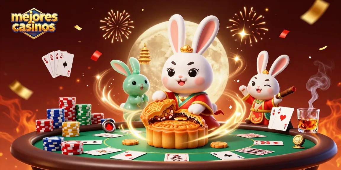 Disfruta de los mejores casinos con una escena vibrante donde un conejo de la luna juega con fichas de póker.