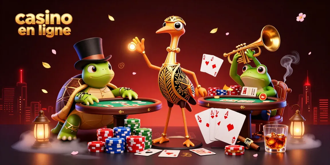 Illustration dynamique "casino en ligne" avec des personnages de jeu accompagnés de jetons et de cartes.