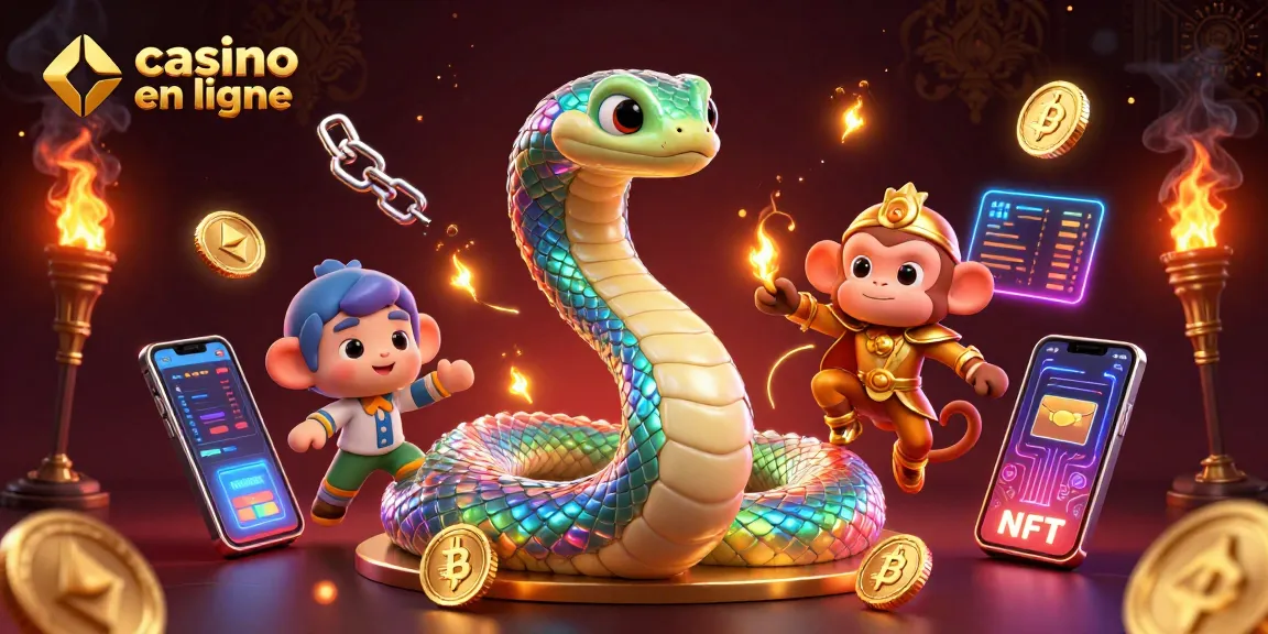 Découvrez le thème vibrant du casino en ligne dans une illustration 3D dynamique avec un serpent coloré et des éléments de crypto-monnaie.