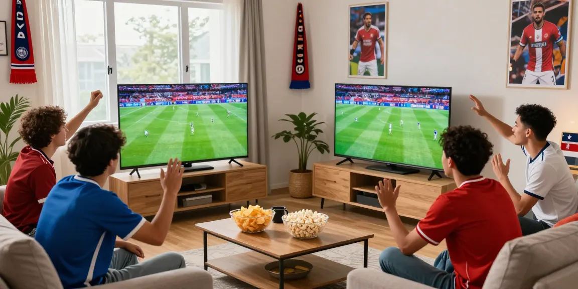 Soccer fans enjoying a thrilling koora tv match in a lively living room.