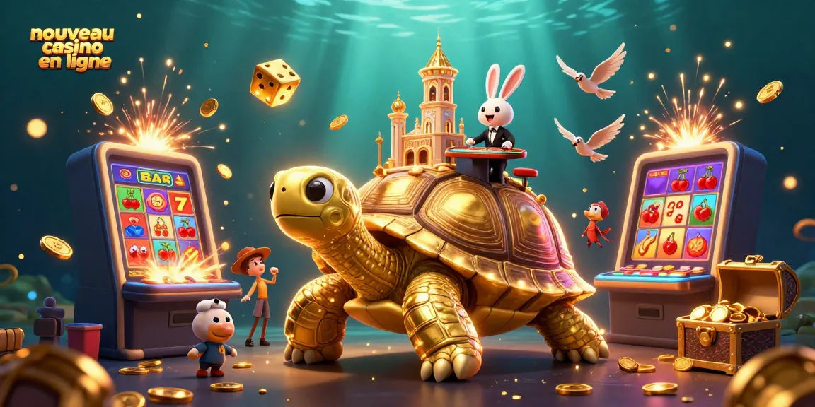 Illustration d'un nouveau casino en ligne avec une tortue en or et un croupier lapin dans une scène dynamique.