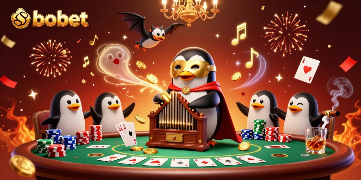 Experience sbobet excitement with a cartoon penguin and bat acrobat amidst golden coins and poker action.