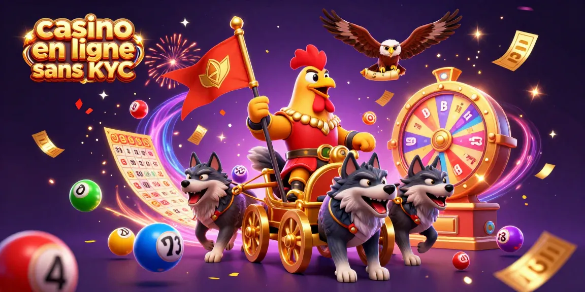 Visualisez un casino en ligne sans KYC avec un coq guerrier et des éléments de loterie en plein action.