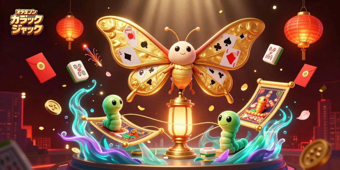 オンライン カジノ ブラック ジャックのシーンを描いた華やかなイラスト、色とりどりのゲーム要素が散りばめられている。