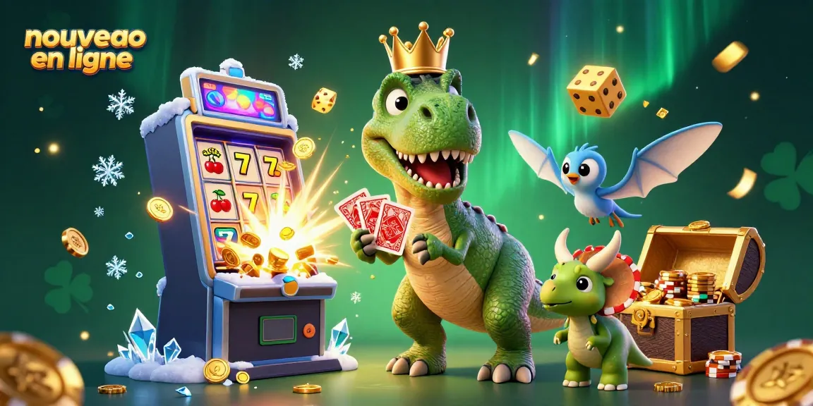 Illustrez l'univers du nouveau casino en ligne avec un T-Rex et des jeux de cartes colorés.