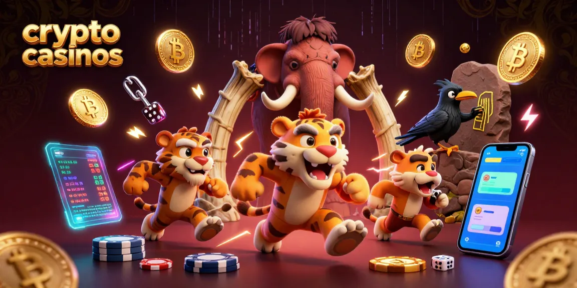 Découvrez les crypto casinos avec des personnages préhistoriques dans une scène dynamique de jeu.