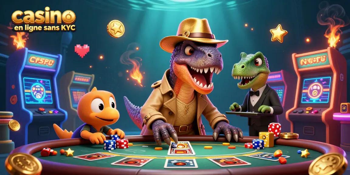 Un velociraptor au casino en ligne sans KYC, comptant des cartes à une table tandis qu'un stegosaurus surveille avec suspicion.