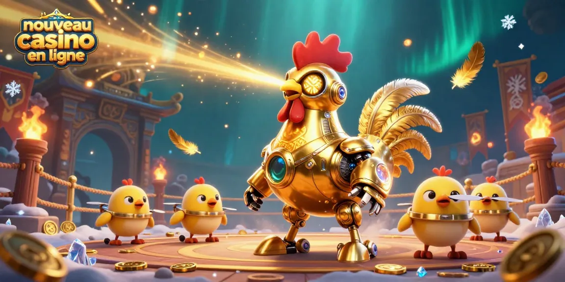 Le nouveau casino en ligne présente un robot coq en or avec des poussins drones et une ambiance festive.