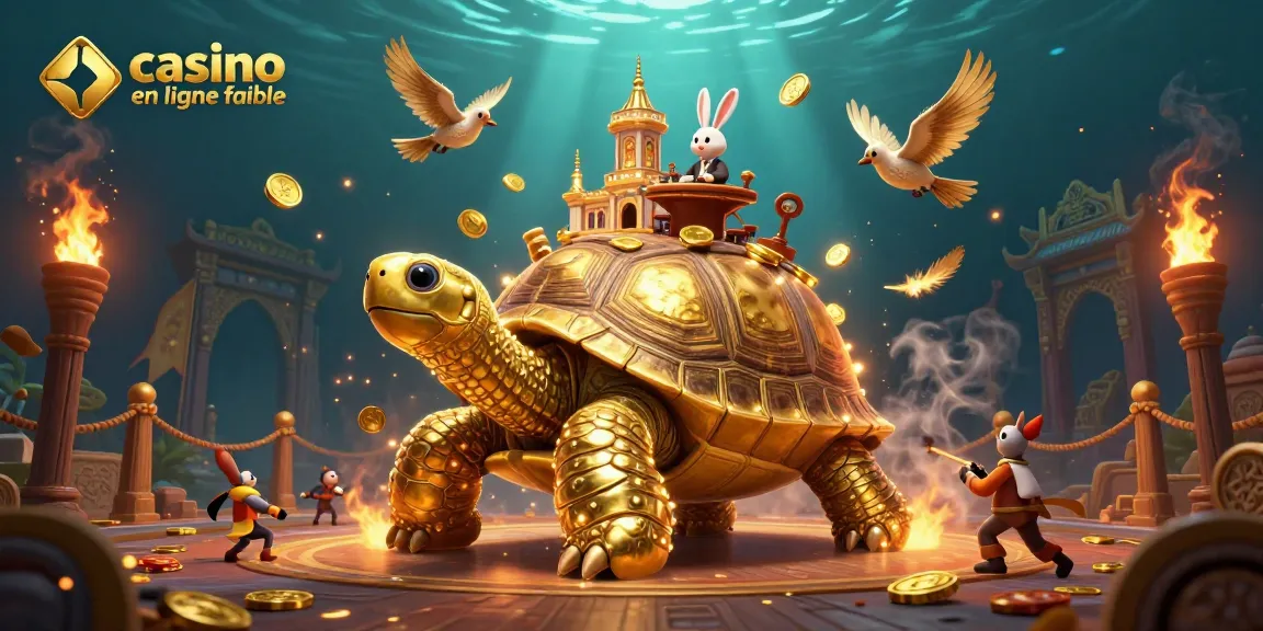 Jouez dans un casino en ligne fiable avec une tortue dorée portant un palais en miniature, entourée de jetons et d'effets de feu, illustrant l'univers du jeu.
