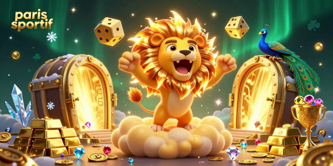 Plateforme de paris sportif avec le lion solaire, des dés dorés et des trésors scintillants.