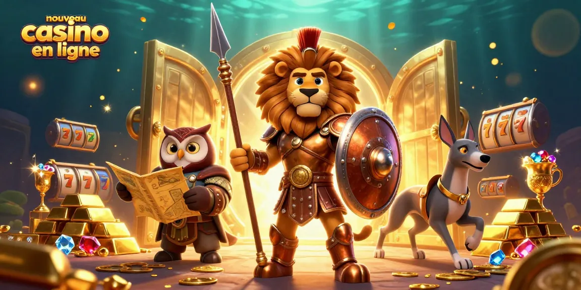 Gagnez avec le nouveau casino en ligne, illustrant un lion spartiate et des personnages stratégiques.