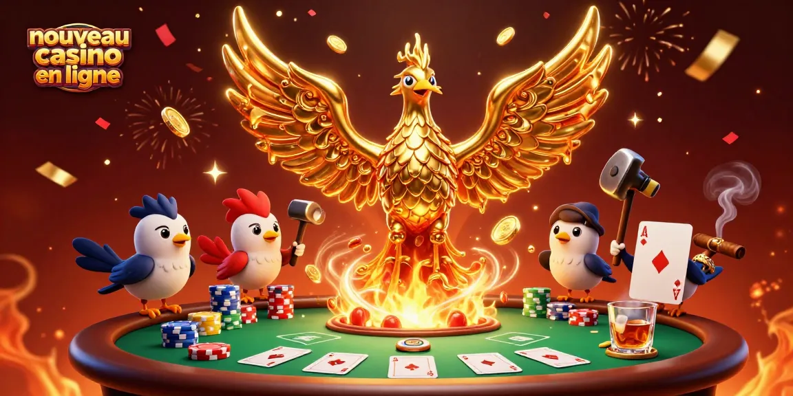 Explorez les gains du nouveau casino en ligne avec un phénix doré et des jetons colorés.