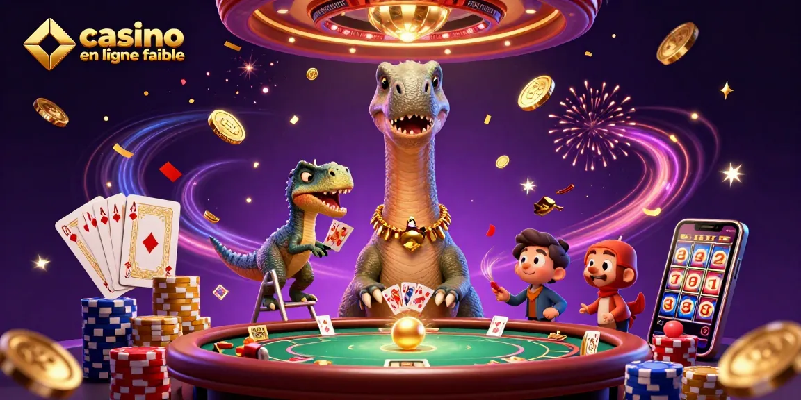 Le brontosaurus de casino en ligne fiable observe les cartes distribuées par le velociraptor, entouré de pièces d'or scintillantes.