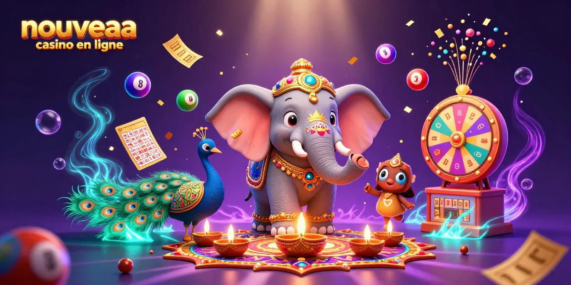 Révélez votre chance au nouveau casino en ligne avec une scène vibrante d'éléphants et de jeux de loterie.